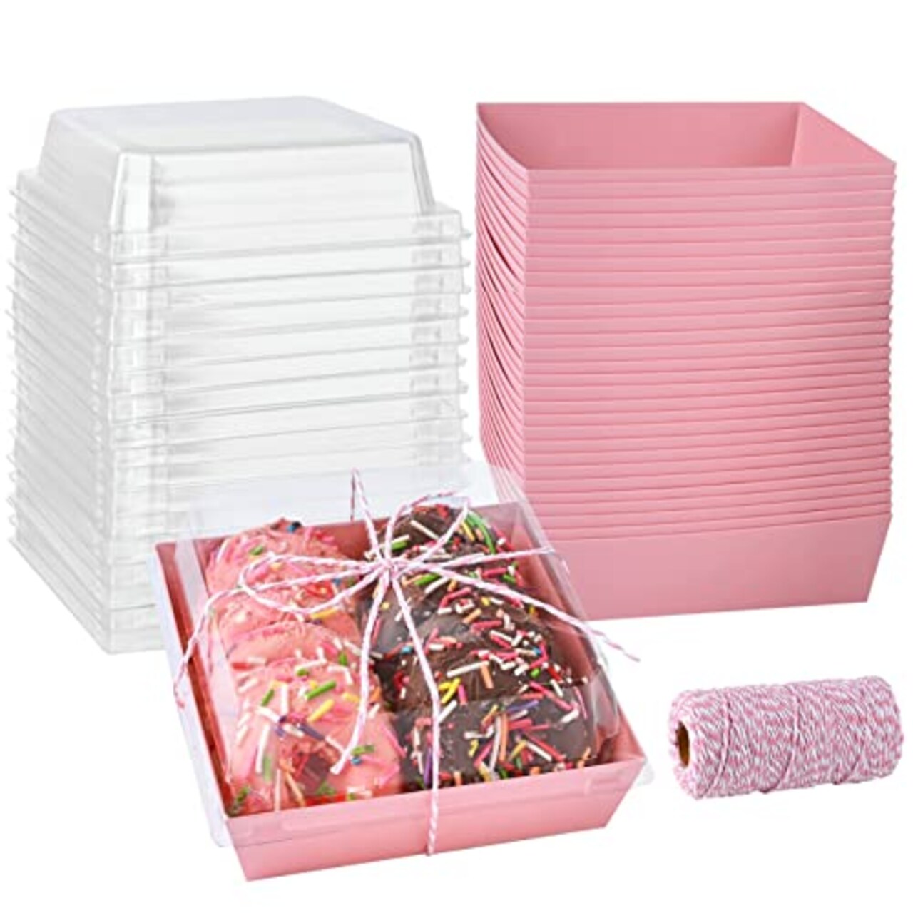 50 Pack Paper Charcuterie Boxes with Clear Lids, Disposable Sandwich Boxes Square To Go Food Containers for Mother's Day Desserts, Strawberries, Cake Slice and Cookies (Pink)